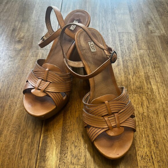 Ugg Wedge Leather Sandals Size 9 1/2 - Picture 1 of 4